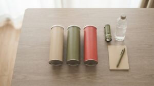 湖池屋ロングライフスナックの缶と防災グッズを並べたイメージ