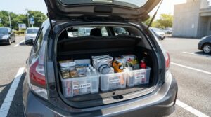 車のトランクに収納した高温対応の非常食・保存水・防災用品