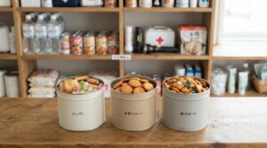 カンパン・米蜜ビスケット・揚げあられの保存缶3種類を比較したイメージ