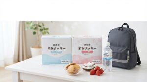 尾西のライスクッキーの販売店とココナッツ・いちごの違いを紹介するイメージ