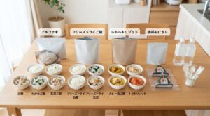 アルファ米・フリーズドライ・レトルトを並べた非常食用ご飯の比較イメージ