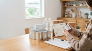 賞味期限を確認しながら非常食を入れ替える様子