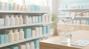 ドラッグストアで販売される介護用とろみ剤ととろみをつけた飲み物