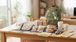 乳幼児・小学生向けの非常食と防災用品を並べた備蓄例