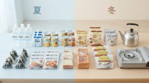 夏向けの保存水・調理不要食品と冬向けのスープ・熱源を比較した非常食