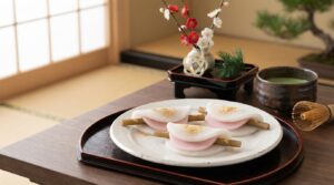 新春の和皿に盛り付けた白味噌あんとごぼう入りの花びら餅