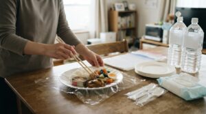 災害時に食器へラップを敷きポリ袋や紙皿で洗い物を減らす方法
