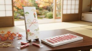 七五三用の赤と白の千歳飴と千歳飴袋のイメージ