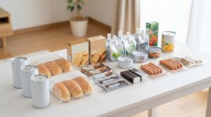 コンビニで買える調理不要の非常食を並べたイメージ