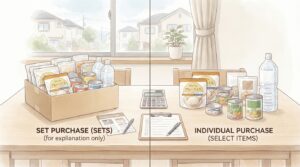 非常食セットと単品でそろえた食品を電卓とともに比較するイラスト