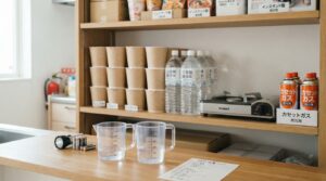 非常食用のカップ麺と調理に必要な保存水・カセットコンロのイメージ