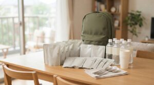 温めずに食べられるレトルト食品と保存水を並べた非常食の備蓄例