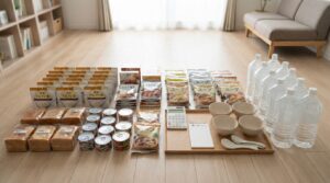 家族4人の1週間分の非常食と保存水を電卓で費用計算するイメージ