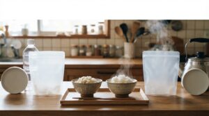 アルファ米を水とお湯で作った場合の違いを比較するイメージ