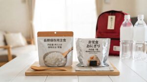アルファ米と保存用おにぎりの量や食べ方を比較したイメージ