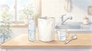 アルファ米と飲料水、計量カップを並べた調理準備のイラスト