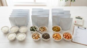 アルファ米の白飯・和風・洋風を何個ずつ備えるか比較するイメージ