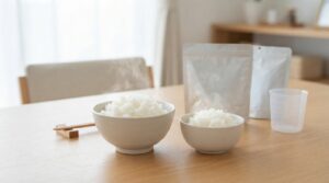 アルファ米1袋分と大人用・子ども用の茶碗を並べた一食量の比較