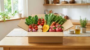 旬の野菜と果物が入った食材宅配のおためしセットのイメージ