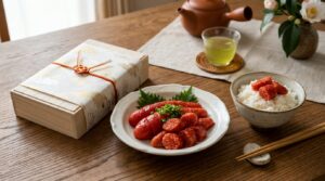白いご飯と一緒に盛り付けた辛子明太子とギフト用の木箱