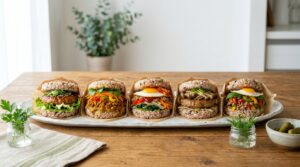 5種類の雑穀ライスバーガーを並べたイメージ