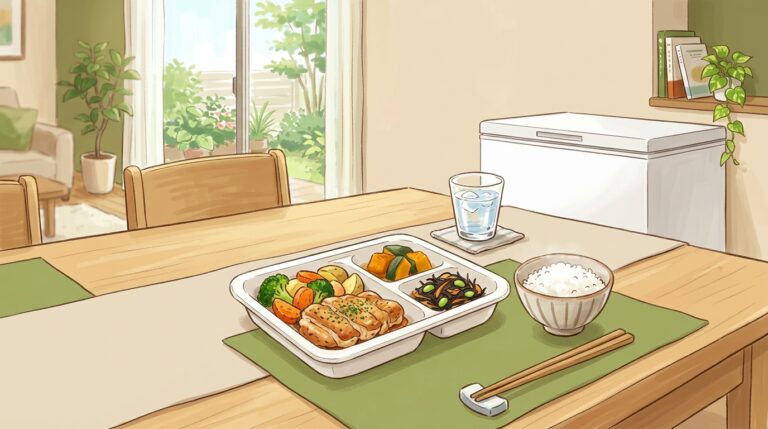 宅配食のおかずトレーと別添えのご飯を描いたイメージイラスト