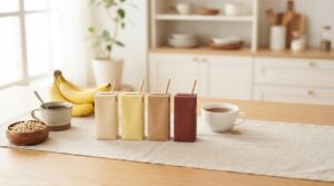 リカバリーMini ω3の4種類の味と乳成分フリーを紹介するイメージ