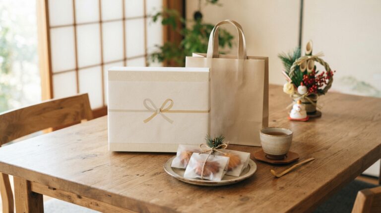 年末年始の帰省手土産をイメージしたお菓子のギフト箱と手提げ袋