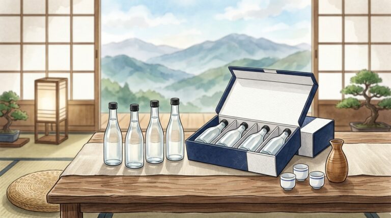 小瓶の日本酒とギフト箱、信州の山並みを描いたイメージイラスト