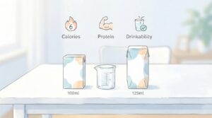 100mlと125mlの栄養補助飲料の容量とカロリーを比較するイメージ