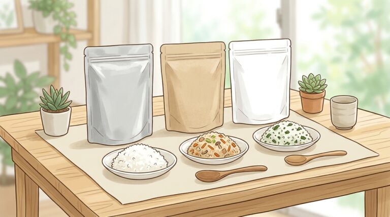3種類の非常食ご飯と無地のパウチを描いたお試しセットのイメージイラスト